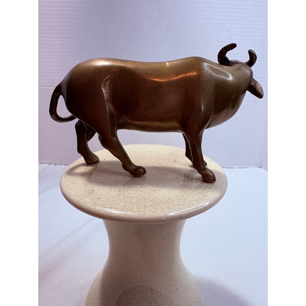 Solid Brass Cow Figurine Statue Metal Animal Decor Sculpture Vintage - Picture 3 of 9